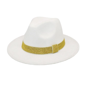 Vintage Fedora Hat Wide Brim Woolen Felt Gold Glitter Band Ribbon Jazz Cap Autumn Winter For Men Women