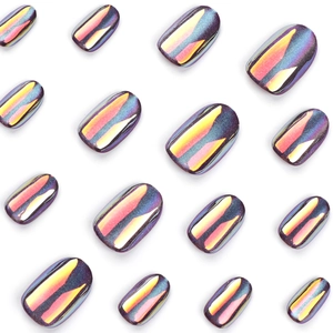 Cat eye Aurora press-on nails with metallic gradient finish in oval shape on white background