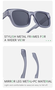 Detail view of square polarized sunglasses featuring anti-slip temple tips and metal hinges