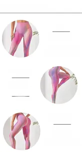 Dettaglio dei leggings da yoga tie-dye rosa-viola con tessuto elasticizzato in 4 direzioni