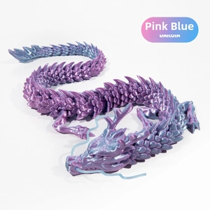 Detailed macro view of 3D printed poseable dragon with silk pink and blue gradient scales