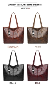 Detail of glossy leather tote bags in brown, khaki, black and red with bear pendant