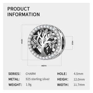 Detailed macro view of S925 silver Tree of Life charm with zirconia and heart cutouts