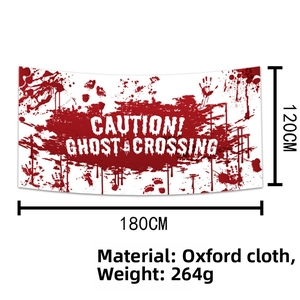 Detail of bloody Halloween Caution Ghost Crossing banner with realistic red handprints