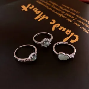 Vintage New Chinese Style Open Ring Copper Zircon Green Imitation Jade Flower Adjustable Finger Ring For Women Luxury
