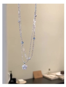 Detailed view of a double-layered necklace with a star pendant and pearl beads