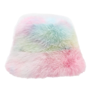 Colorful tie-dye fuzzy faux fur bucket hat with wide brim for winter outdoor warmth