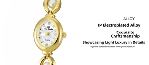Detail of Bee Sister gold quartz watch with pearl bracelet and mother-of-pearl dial