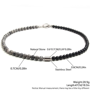 Collier pour hommes en perles de pierre de carte et obsidienne avec fermoir en acier