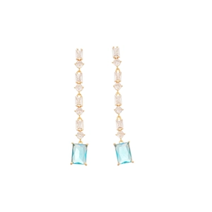 Elegant 18K gold plated drop earrings with clear zircon and sea blue rectangular crystals