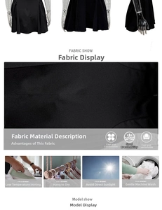 Detail of breathable black fabric texture and laundry care icons for V-neck summer dress