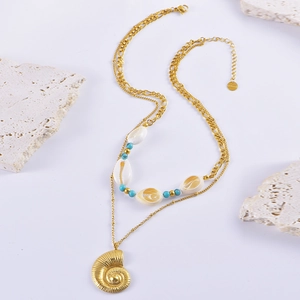Double-layer ocean gold necklace with natural shell starfish and conch pendants