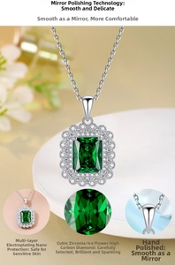 Detailed macro of green emerald-cut zircon pendant with silver plating and micro-pave setting