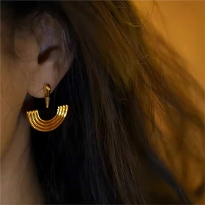 Geometric Fan Shape Enamel Stainless Steel Stud Earrings With Earring Post 18K Gold Plated Elegant Jewelry