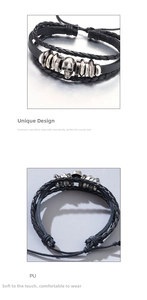 Detail of punk leather bracelet showing silver skull charm and adjustable braided rope