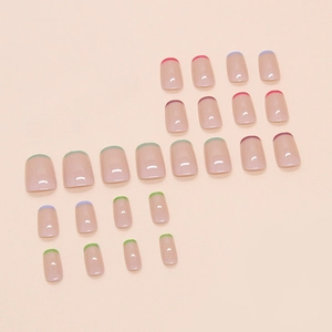 French tip press-on nails in multicolor pastel shades with short square shape set