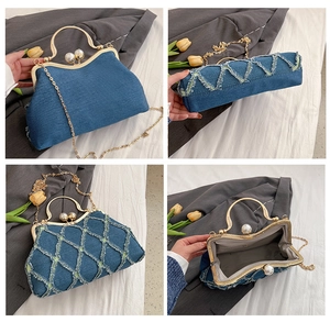 Detailed views of denim shell bag with pearl clasp and vintage gold frame