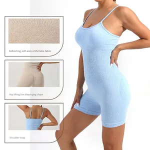 Light blue seamless yoga romper with padded bra and reinforced straps for body shaping