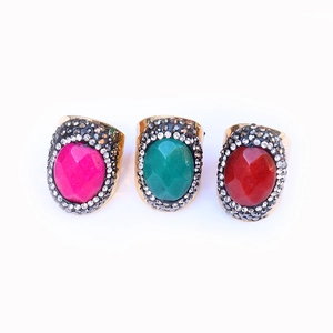 Natural agate rings in pink, green and red with gold brass base and cubic zirconia