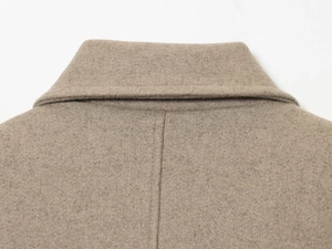 Detailed view of oatmeal wool blend jacket collar featuring premium double-faced stitching