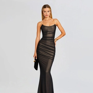Elegant black ruched mesh off-shoulder slim fit dress for women featuring a fishtail hem