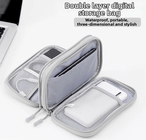 Detail view of double-layer electronics organizer with mesh pockets for cables and power banks