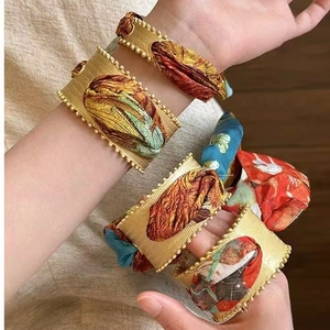 Vintage Open Bangle Bracelet For Women Matte Gold Hollow Alloy Satin Scarf Wrapped Cuff Artistic Print Elegant Jewelry