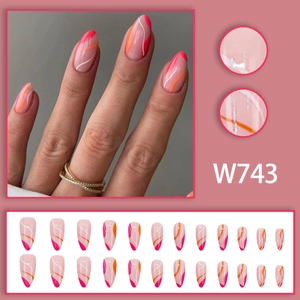 Almond shaped press-on nails with rose pink waves and abstract patterns on nude base