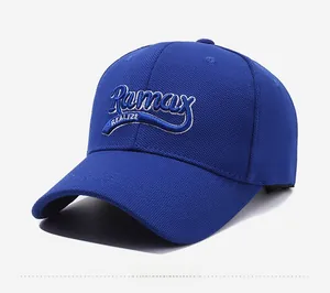 Detailed close-up of blue baseball cap featuring 3D Rumax embroidery and mesh fabric texture