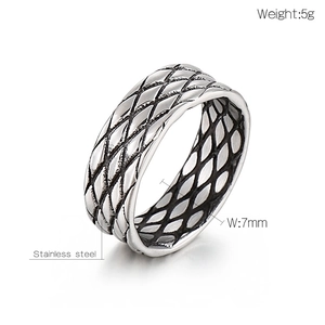 Detailed view of silver stainless steel ring featuring textured diamond pattern and 7mm width