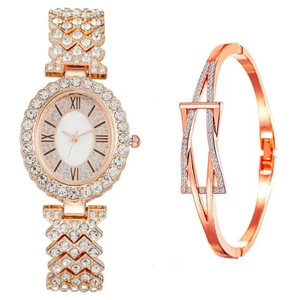 Detail of rose gold oval watch and crystal bracelet set with Roman numerals on white background