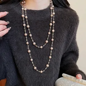 Retro Double Layered Long Sweater Chain Necklace With Champagne Glass Artificial Pearls Faceted Beads Elegant Jewelry For Women