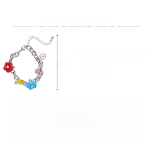 Detail showing titanium steel chain with glass flowers, imitation pearls, and size specs