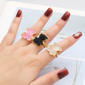 Colorful resin bear open rings in pink and black with gold plating and zircon accents