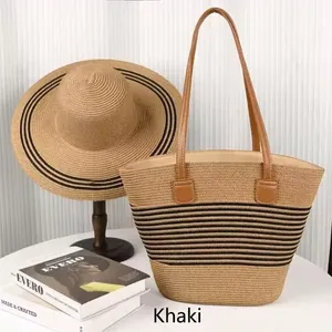 Khaki straw tote bag and wide-brim sun hat set with black stripes for summer vacation