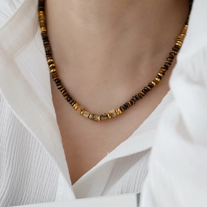 Beaded Necklace Vintage Synthetic Tiger Eye Stone Gold Square Copper Spacers Clavicle Chain Jewelry For Women