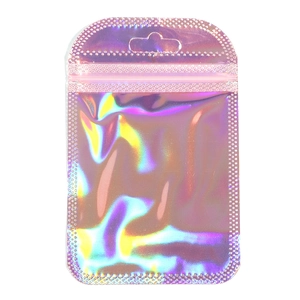 Detail of holographic iridescent resealable bag with hanging hole and zip-lock closure