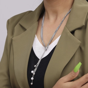 Multi-layer silver snake chain necklace with pearl tassel and OT buckle design