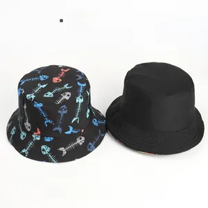 Detail of reversible bucket hat showing colorful fishbone print and solid black side