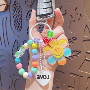Rainbow sunflower beaded keychain with heart charm for car keys and bags
