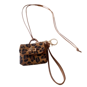 Vintage leopard print mini leather bag pendant necklace with gold chain for women