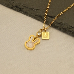 Golden titanium steel necklace with mother-of-pearl rabbit and lucky charm pendant
