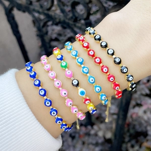Evil Eye Bolo Bracelet Adjustable Enamel Copper Gold Plated Bohemian Vintage Ethnic Style Jewelry For Women
