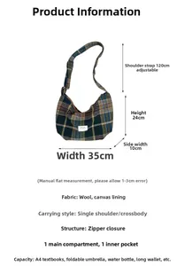 Detailed size chart of plaid crossbody bag showing 35x24x10cm dimensions and strap length