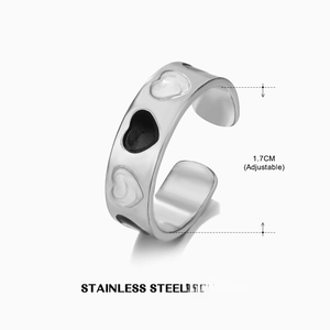 Detail view of silver heart stainless steel ring with 1.7cm adjustable open band