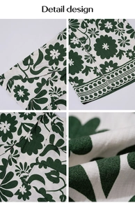 Detailed views of cotton linen fabric texture and knot design on print wide leg jumpsuit