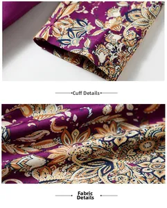 Close-up of purple paisley silk fabric and stitched cuff detail on evening dress