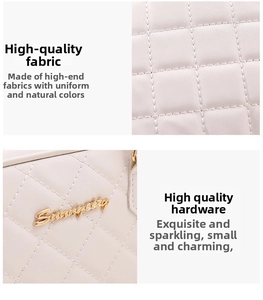 Close-up of quilted rhombic texture and golden cursive logo on beige leather handbag