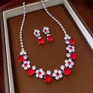 Elegant Flower Pendant Necklace And Earrings Jewelry Copper With Colorful Cubic Zirconia Vintage Palace Style For Women