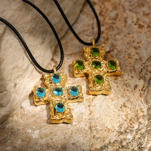 Retro 18k gold stainless steel cross necklaces with blue and green gemstones on black cord